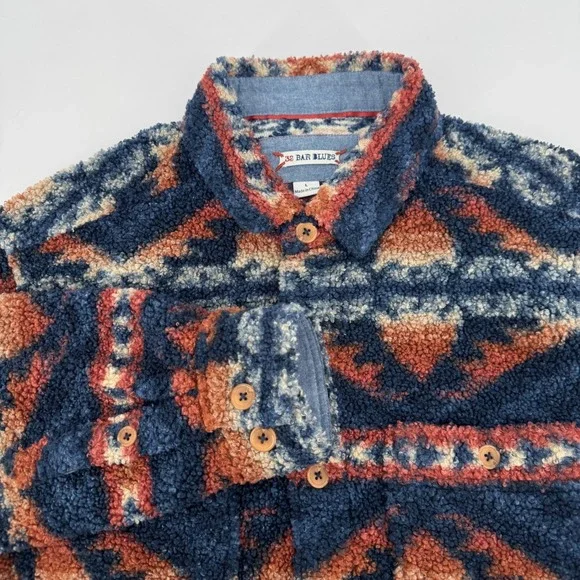 32 Bar Blues Mens Large Southwestern Sherpa Fleece Button Up Shirt Jacket Blue