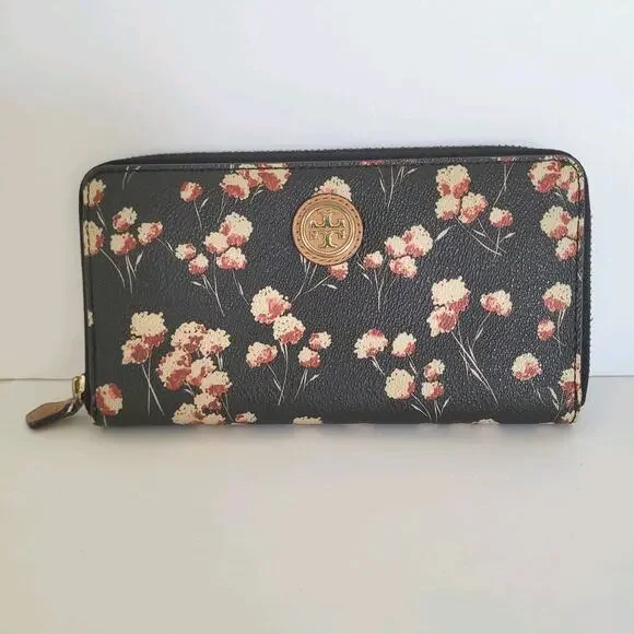 Tory Burch Kerrington Zip Around Continental Wallet Floral Black Large Leather