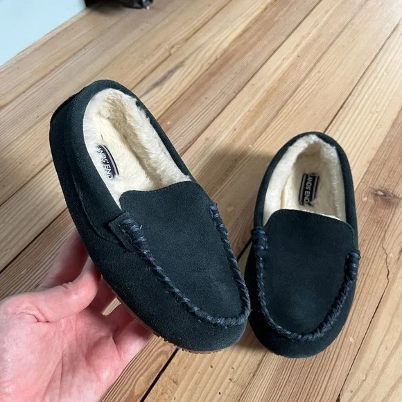 Lands‎ End Kids Navy Blue Suede Moccasin Slippers Faux Fur Lined Youth 1 473021