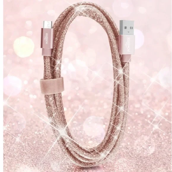 6’ Fast Charging Liquidel Powertek Rose Gold Glitter Micro USB to USB-A Charger