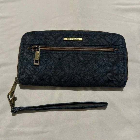 Travelon RFID Navy Blue‎ Blocking Zip Around Wallet Credit Card Safety 4x7.5”