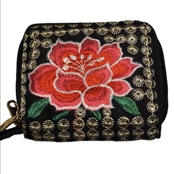 Floral Embroidered Black Wallet