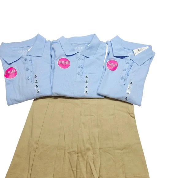 The Children's Place Girls School Uniform Set 3 Blue Polos & Khaki Skort Size 8