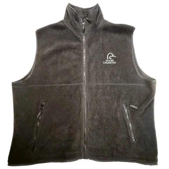 Ducks Unlimited Mens 2XL Black Fleece‎ Full Zip Vest Outdoor Hunting Logo Gilet