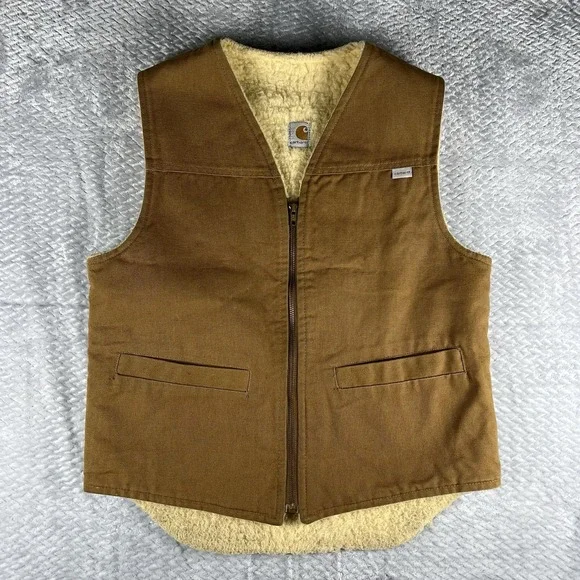Carhartt Vest Mens M Brown Duck Sherpa Lined USA Made Workwear Zip Vintage 6SV