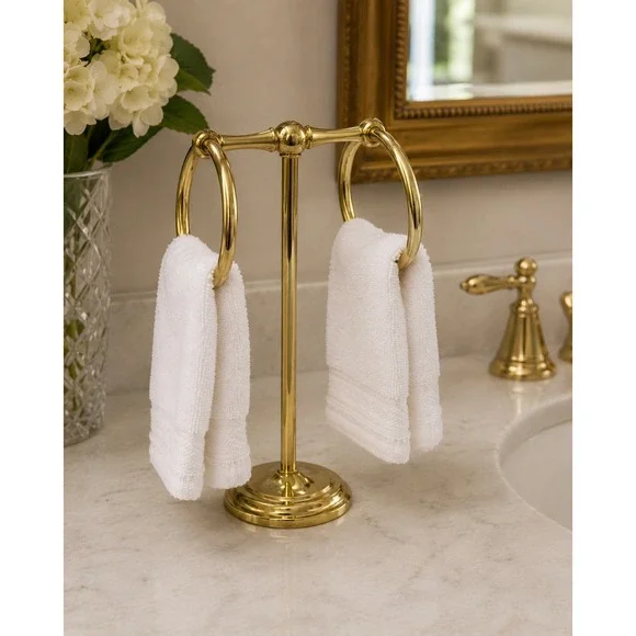 Vintage Polished Brass Double Ring Fingertip Towel Holder Pedestal Stand 13.5