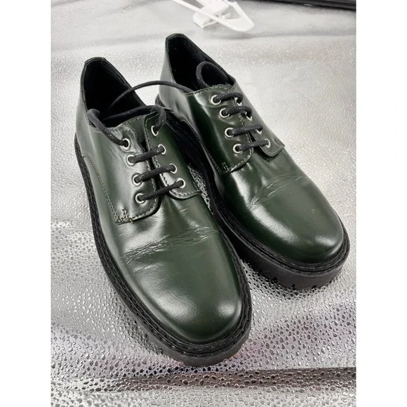 Maeve Anthropologie Leather Platform Oxford 7.5 EU 38 Green Leather Lug Sole‎