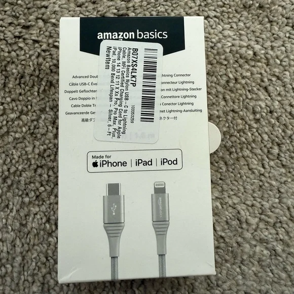 NWT! Amazon Basics - USB-C to Lightning Silver Braided Cable, 6ft