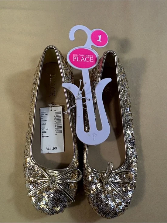 The Children's Place NWT Gold Sequin Bow Ballet Flats Party Dress Shoes Size 1
