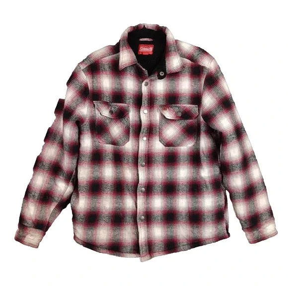 Coleman Vintage Sherpa‎ Lined Shacket Men's Medium Red Plaid Flannel Snaps