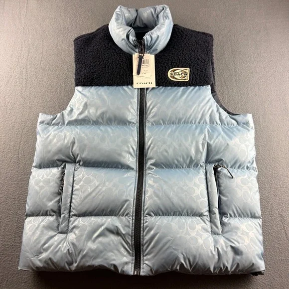 Coach Vest Men's XL Blue Signature Colorblock Puffer Sherpa Down Insulated NEW