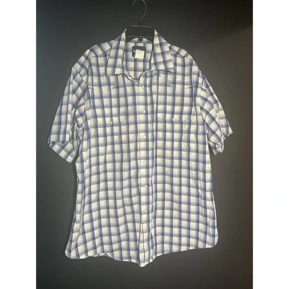 Wrangler Pearl Snap Shirt Men's XXL‎ Blue Plaid Western Short Sleeve Cotton Top