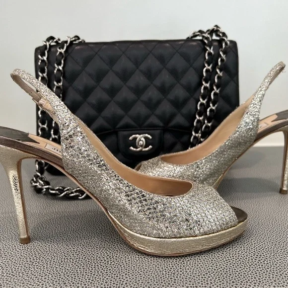 JIMMY CHOO SILVER SEQUIN EVENING PLATFORM SLINGBACK OPEN TOE HEELS SIZE 40 (9)