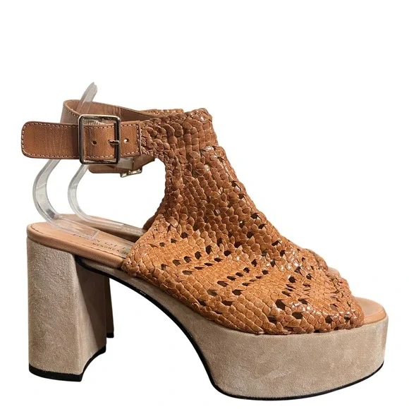Pons Quintana Women Tan Woven Leather Chunky Platform Block Heel Sandals Size 40