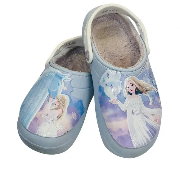 Disney Frozen Crocs J2 Kids Fuzzy Lined Clogs Elsa Blue Slip-On Winter Shoes‎