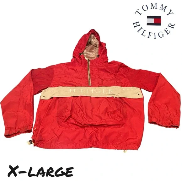 VTG 90s Tommy Hilfiger Jacket Pullover‎ Windbreaker Mens XL Red Spell Out Hood