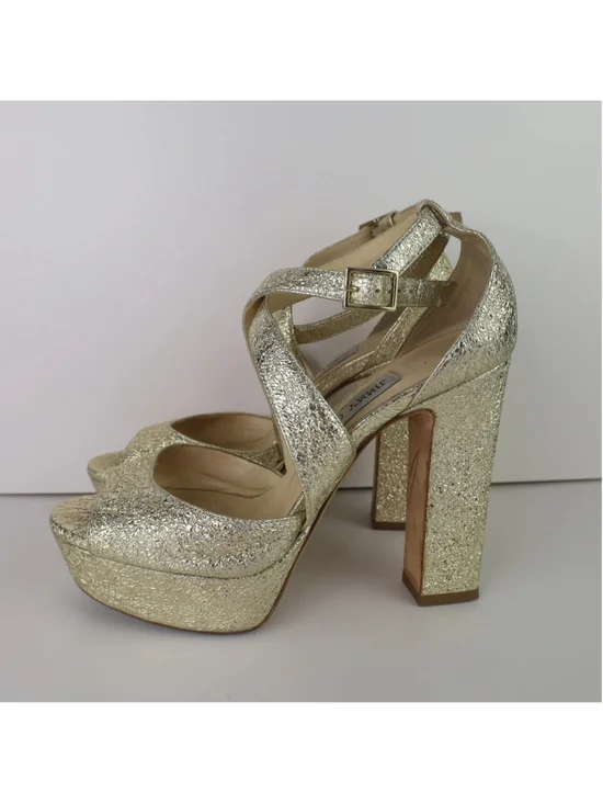Jimmy Choo Gold Platform Heels EU 36.5 US 6.5 Metallic Leather Sandals 0483