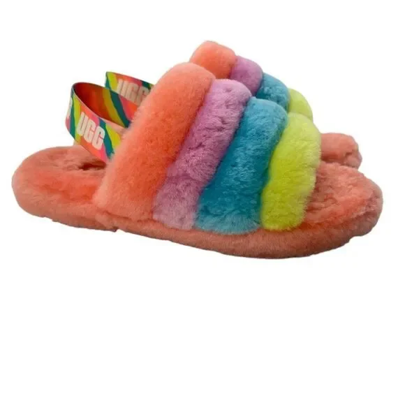 UGG Kids Fluff Yeah Rainbow Sherpa Slides Size 5