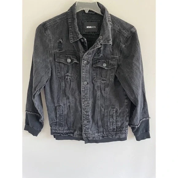 Fashion‎ Nova Men Black Distressed Denim Trucker Jacket Ribbed Trim DK140 Large