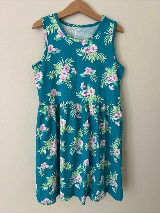 The Children's Place | Teal Floral Tropical Tank Dress #304656 Sz L (10/12)