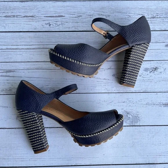Bon-Bonite Navy Pebbled Leather Platform Mary Jane Peep Toe Heels Size 37