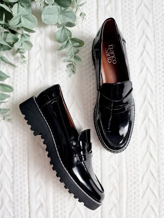 Franco Sarto Cassandra Women's Loafers Lug Platform Slip On Gloss Black 7.5 NWOB