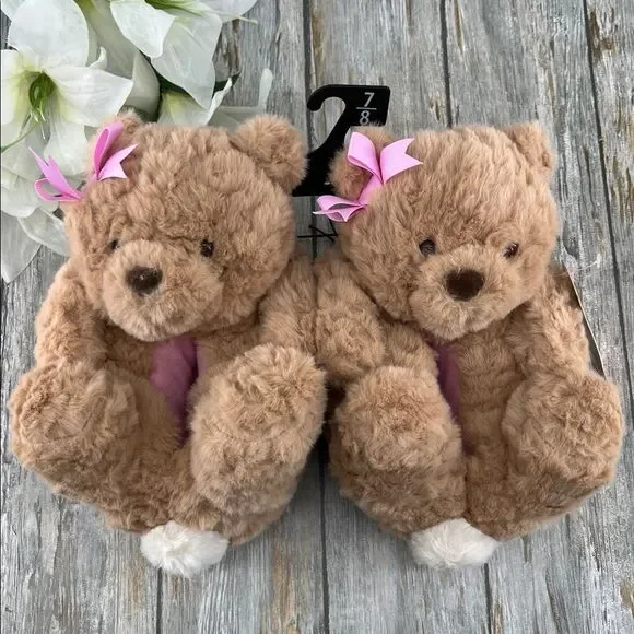 Toddler Baby Girls Plush Teddy Bear Slippers Shoes Size 7/8