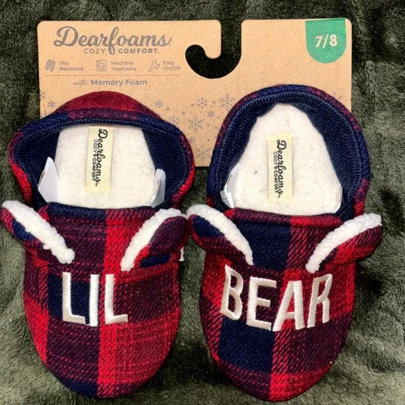 Dearfoams Lil Bear Slippers Kids 7-8 Red Blue Plaid Cozy Comfort‎ Memory Foam