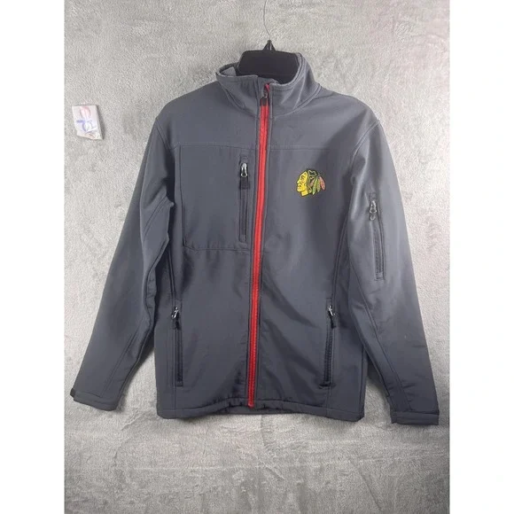 Chicago Blackhawks Jacket Mens Small Gray Red NHL Hockey Full Zip Softshell‎