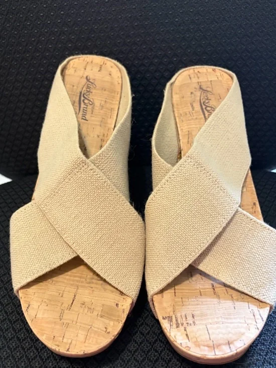 Lucky Brand Beige Crisscross Cork Wedge Slides