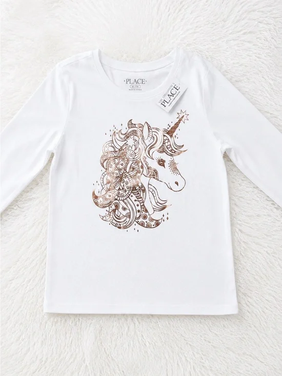 The Children's Place White Long-Sleeve Tee with Metallic Gold Unicorn