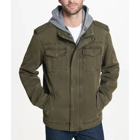 Levi's Mens Military Jacket Green‎ Olive Washed Cotton Sherpa Lined Hooded Small