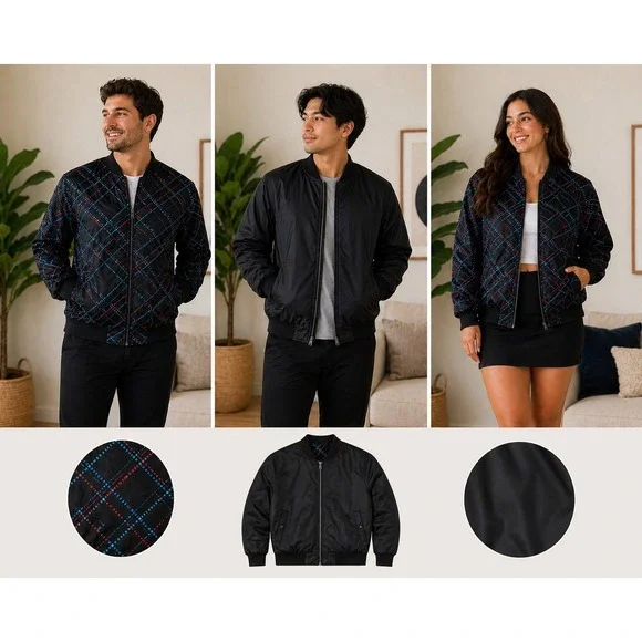 Apple‎ Software Mens Smalll Reversible Bomber Jacket Black Plaid Tech Streetwear