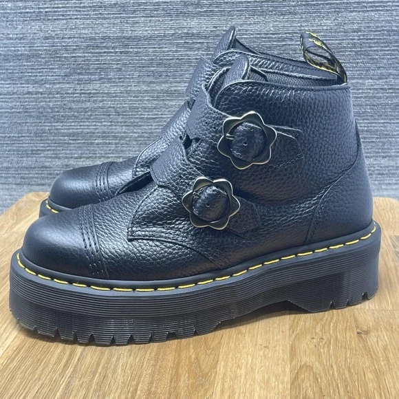 Dr. Martens Devon FLWR‎ Shoes Women 8 Black Leather Platform Buckle Flower NEW