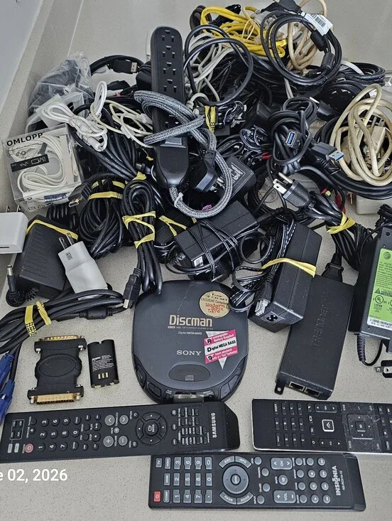 Electronic Accessory Lot Chargers Cable Cords Walkman CD Plugs HDMI Adapters