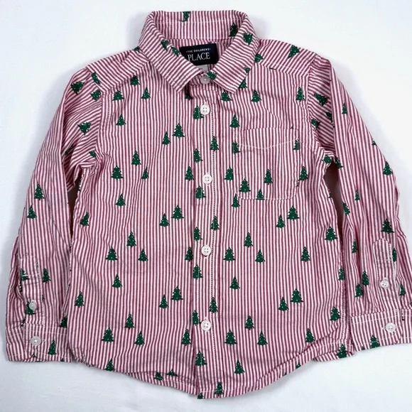 THE CHILDREN'S PLACE Toddler Boys' Christmas Tree Poplin Button‎ Down Shirt 3T