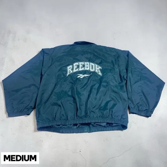 Vintage 90s Reebok Windbreaker Jacket Mens MED Green White Logo Full Zip Nylon