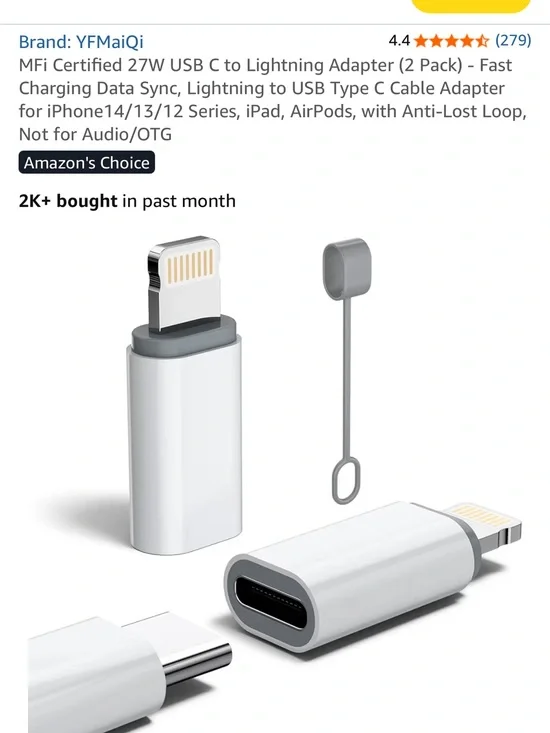 White USB-C to Lightning Adapter with Anti-Lost Loop (2 Pack)