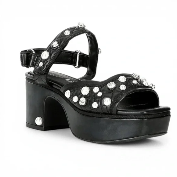 Gianni Bini Zoeyy Platform Sandals 7.5 Black Pearl Rhinestone Quilted Toe W
