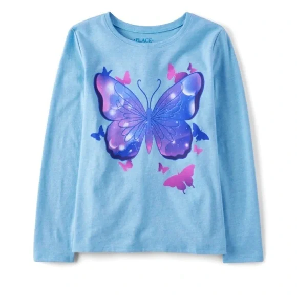 NEW - The Children’s Place Girls Butterflies Graphic Tee - S/D Beacon Blue.