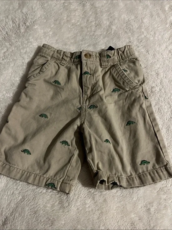The Children's Place Khaki Shorts with Green Embroidered Dinosaurs