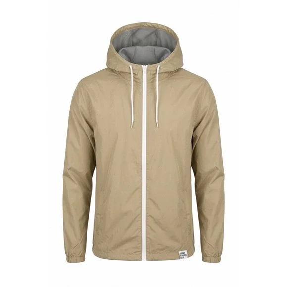 Grand Running Club Mens Tan Hooded Windbreaker Jacket Large Mesh Lined Zip Up