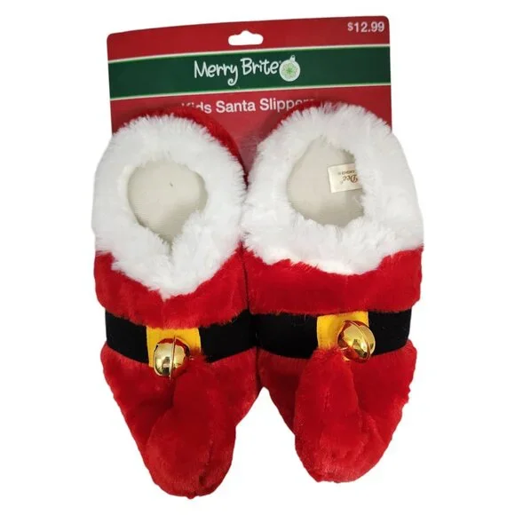 DanDee Kid's Santa Slippers Red Fuzzy Plush Size Medium (13-1) NEW