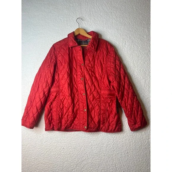 LL Bean Quilted Barn Jacket Red Diamond Stitch Corduroy Trim XL Pet 284360
