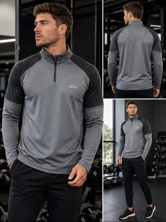 Boohoo MAN 1/4 Zip Pullover Gray Black Long Sleeve Athletic Training Top Mens XS
