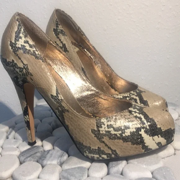 Dolce Vita Tan & Black Snakeskin Heels