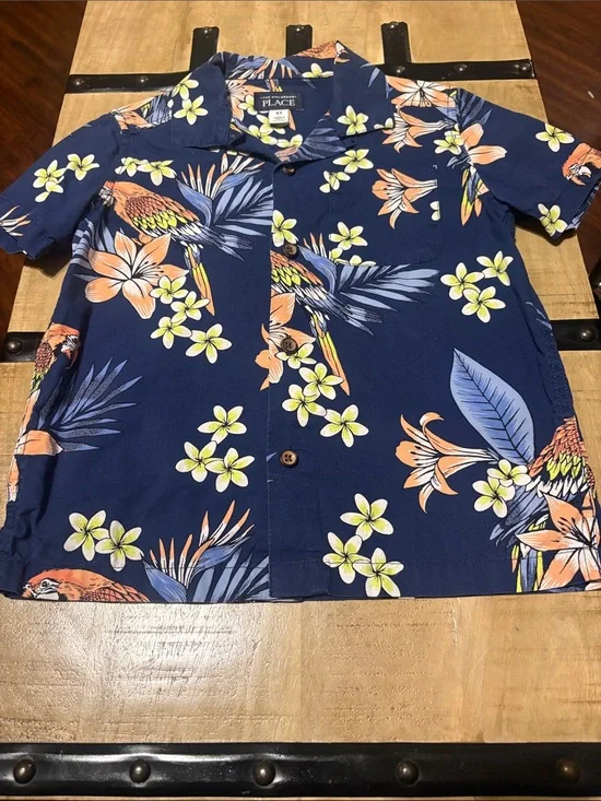 The Children's Place Navy Hawaiian Parrot Print Camp Shirt