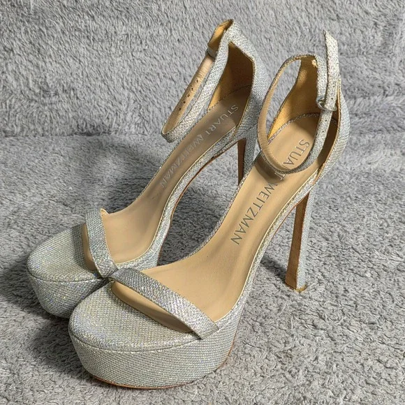 Stuart‎ Weitzman Nudist Hollywood Silver Platform Stiletto Sandals Shoes 9.5