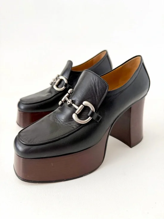 GUCCI | Horsebit Black Leather Loafer Chunky Platform Heel Size EU 38