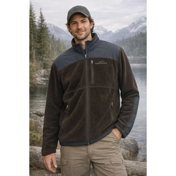 Eddie Bauer Mens Full Zip Fleece Jacket Brown Gray Woven Overlay Large 7862